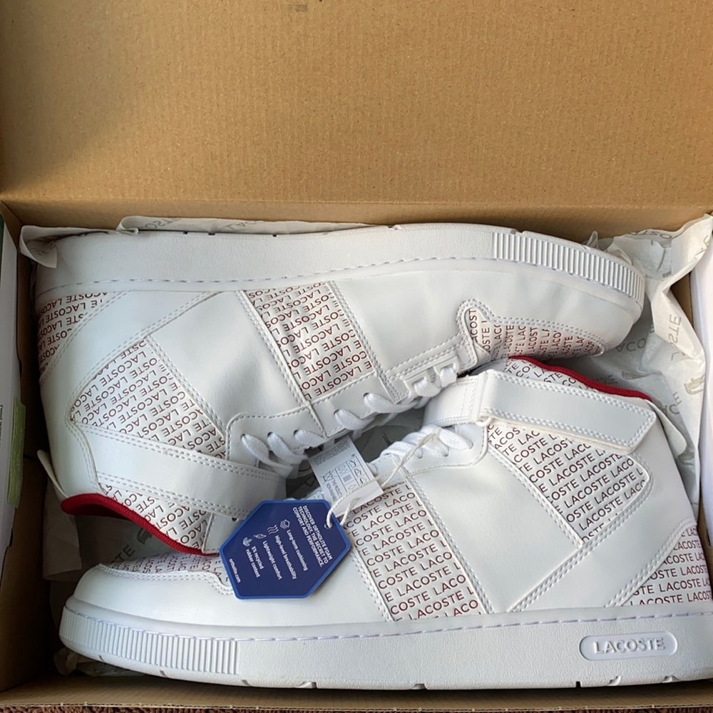 NWT Men’s Lacoste sneakers.With box.White with red letters Size13